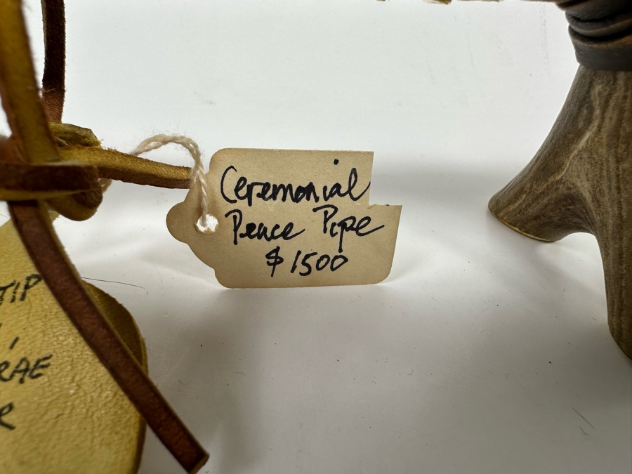 Native American Ceremonial Peace Pipe Of Antler Bowl & Tip, Rattlesnake Skin, Rattle & Vertebrae, Deer Leather, Beads, Badger Fur, Trade Beads, Seed Beads, Turkey Feathers 32L Retails $1,500 [Photo 19]