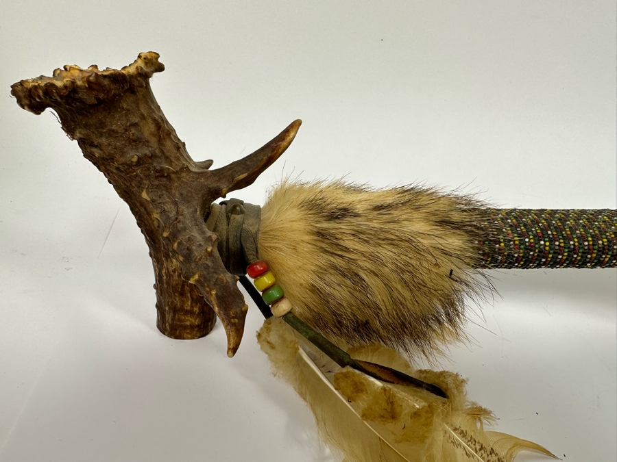 Native American Ceremonial Peace Pipe Of Antler Bowl & Tip, Rattlesnake Skin, Rattle & Vertebrae, Deer Leather, Beads, Badger Fur, Trade Beads, Seed Beads, Turkey Feathers 32L Retails $1,500 [Photo 9]
