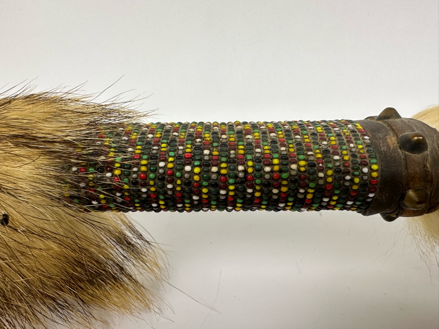 Native American Ceremonial Peace Pipe Of Antler Bowl & Tip, Rattlesnake Skin, Rattle & Vertebrae, Deer Leather, Beads, Badger Fur, Trade Beads, Seed Beads, Turkey Feathers 32L Retails $1,500 [Photo 10]