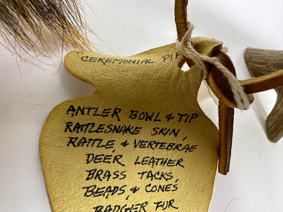 Native American Ceremonial Peace Pipe Of Antler Bowl & Tip, Rattlesnake Skin, Rattle & Vertebrae, Deer Leather, Beads, Badger Fur, Trade Beads, Seed Beads, Turkey Feathers 32L Retails $1,500 [Photo 20]