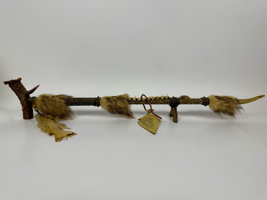 Native American Ceremonial Peace Pipe Of Antler Bowl & Tip, Rattlesnake Skin, Rattle & Vertebrae, Deer Leather, Beads, Badger Fur, Trade Beads, Seed Beads, Turkey Feathers 32L Retails $1,500 [Photo 6]