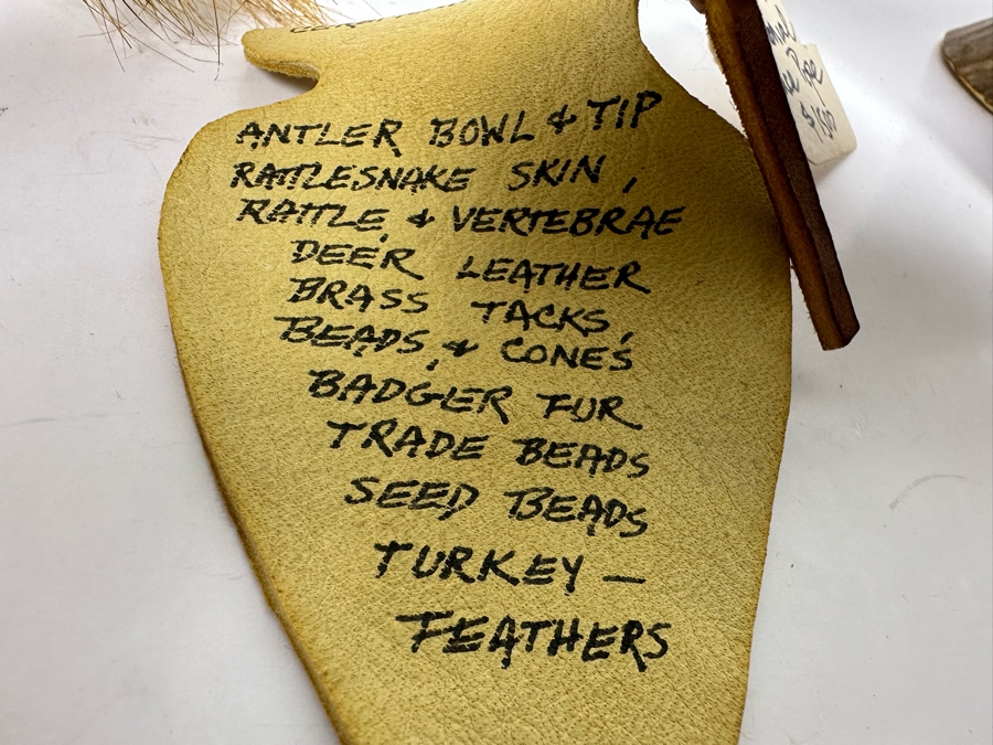 Native American Ceremonial Peace Pipe Of Antler Bowl & Tip, Rattlesnake Skin, Rattle & Vertebrae, Deer Leather, Beads, Badger Fur, Trade Beads, Seed Beads, Turkey Feathers 32L Retails $1,500 [Photo 21]