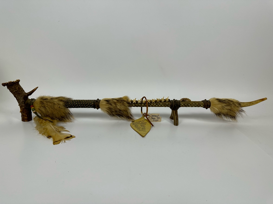 Native American Ceremonial Peace Pipe Of Antler Bowl & Tip, Rattlesnake Skin, Rattle & Vertebrae, Deer Leather, Beads, Badger Fur, Trade Beads, Seed Beads, Turkey Feathers 32L Retails $1,500 [Photo 16]