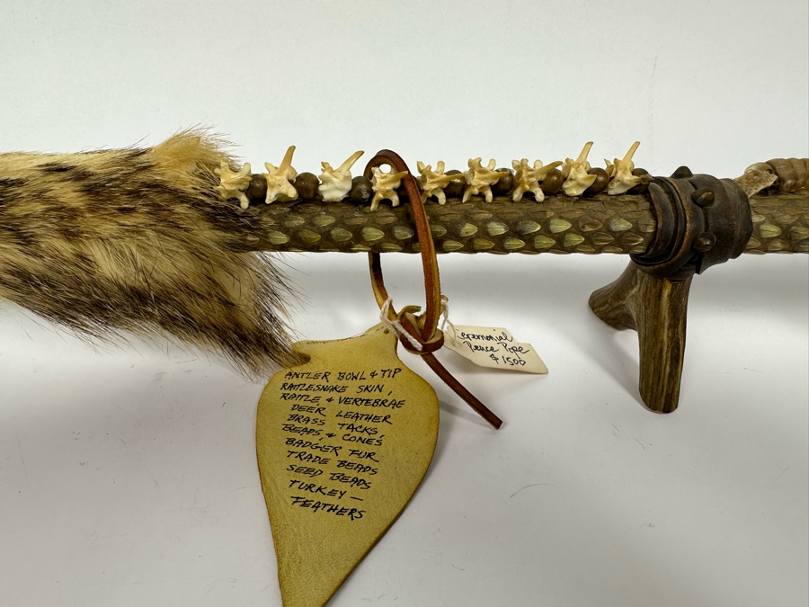 Native American Ceremonial Peace Pipe Of Antler Bowl & Tip, Rattlesnake Skin, Rattle & Vertebrae, Deer Leather, Beads, Badger Fur, Trade Beads, Seed Beads, Turkey Feathers 32L Retails $1,500 [Photo 22]