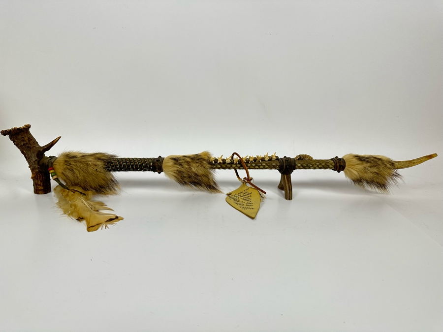Native American Ceremonial Peace Pipe Of Antler Bowl & Tip, Rattlesnake Skin, Rattle & Vertebrae, Deer Leather, Beads, Badger Fur, Trade Beads, Seed Beads, Turkey Feathers 32L Retails $1,500 [Photo 7]