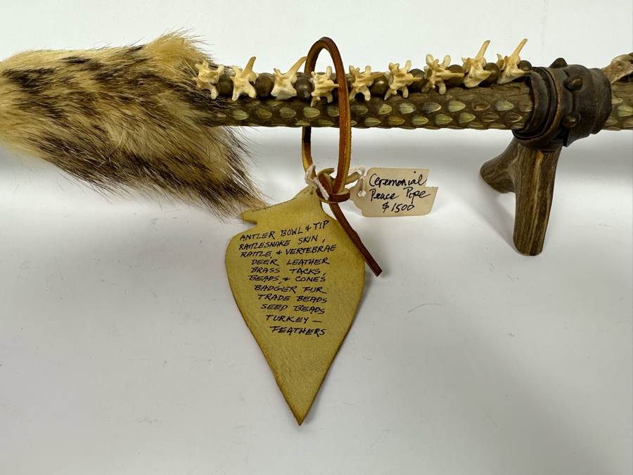 Native American Ceremonial Peace Pipe Of Antler Bowl & Tip, Rattlesnake Skin, Rattle & Vertebrae, Deer Leather, Beads, Badger Fur, Trade Beads, Seed Beads, Turkey Feathers 32L Retails $1,500 [Photo 18]