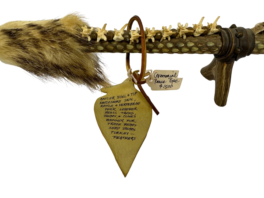 Native American Ceremonial Peace Pipe Of Antler Bowl & Tip, Rattlesnake Skin, Rattle & Vertebrae, Deer Leather, Beads, Badger Fur, Trade Beads, Seed Beads, Turkey Feathers 32L Retails $1,500 [Photo 4]