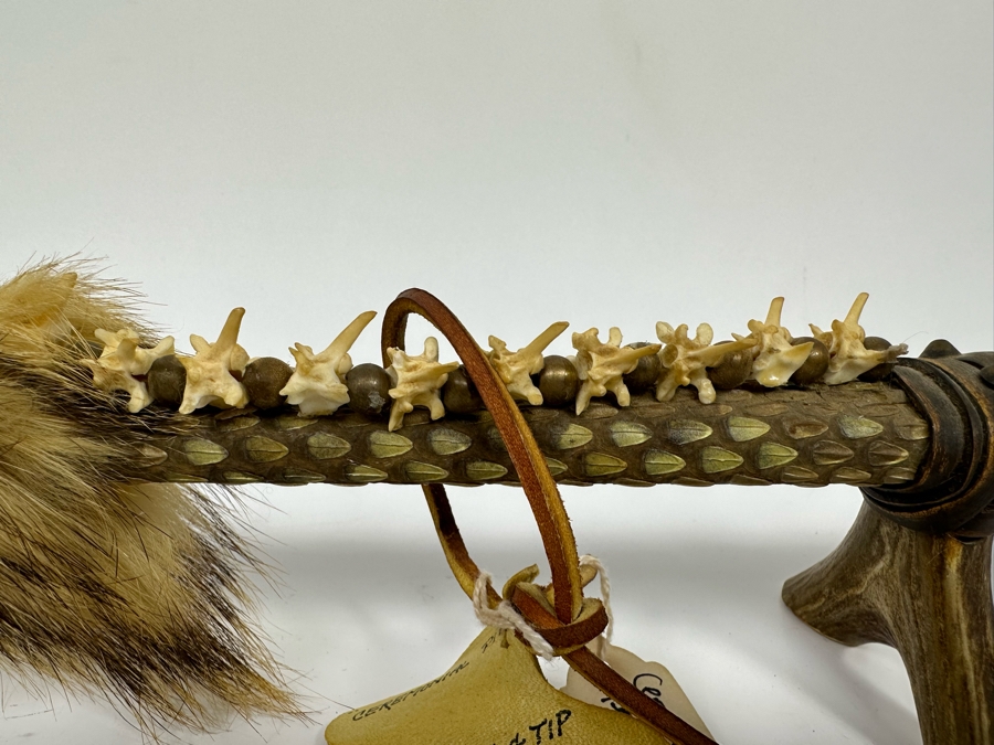 Native American Ceremonial Peace Pipe Of Antler Bowl & Tip, Rattlesnake Skin, Rattle & Vertebrae, Deer Leather, Beads, Badger Fur, Trade Beads, Seed Beads, Turkey Feathers 32L Retails $1,500 [Photo 12]