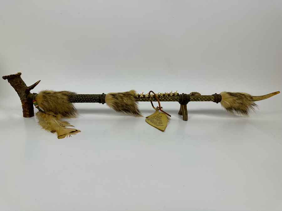 Native American Ceremonial Peace Pipe Of Antler Bowl & Tip, Rattlesnake Skin, Rattle & Vertebrae, Deer Leather, Beads, Badger Fur, Trade Beads, Seed Beads, Turkey Feathers 32L Retails $1,500 [Photo 5]