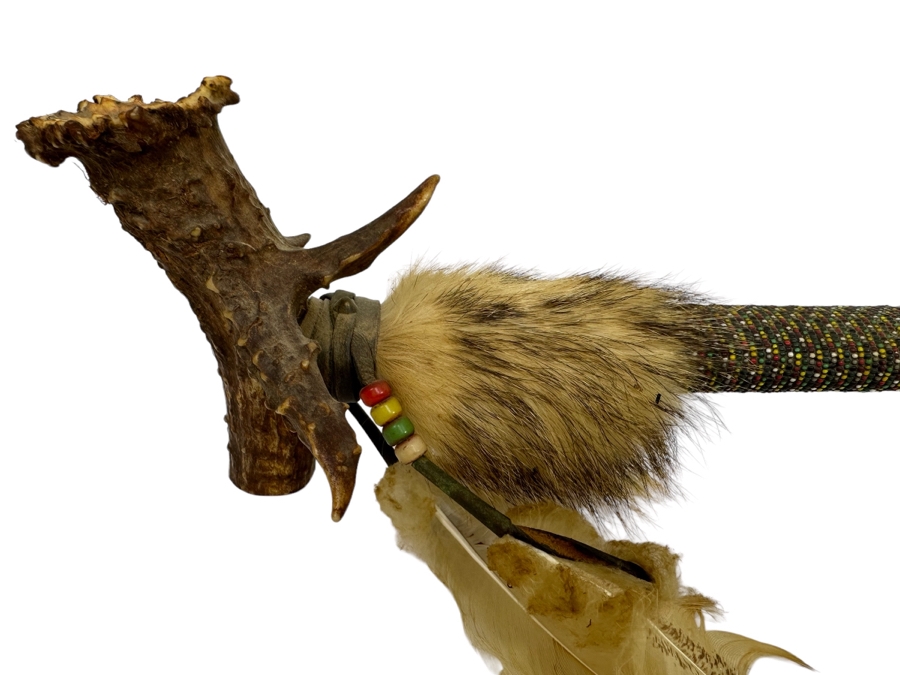 Native American Ceremonial Peace Pipe Of Antler Bowl & Tip, Rattlesnake Skin, Rattle & Vertebrae, Deer Leather, Beads, Badger Fur, Trade Beads, Seed Beads, Turkey Feathers 32L Retails $1,500 [Photo 3]