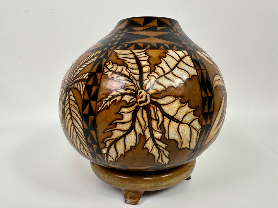 Hand Painted Gourd With Stand Signed Miles 9W X 9.5H [Photo 4]