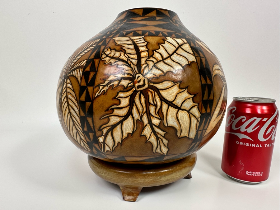 Hand Painted Gourd With Stand Signed Miles 9W X 9.5H [Photo 3]