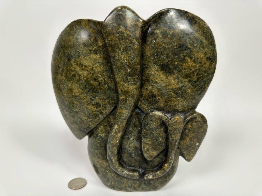 Carved Stone Mother & Child Elephant Sculpture From Zimbabwe Africa 8W X 2.5D X 8.5H [Photo 2]