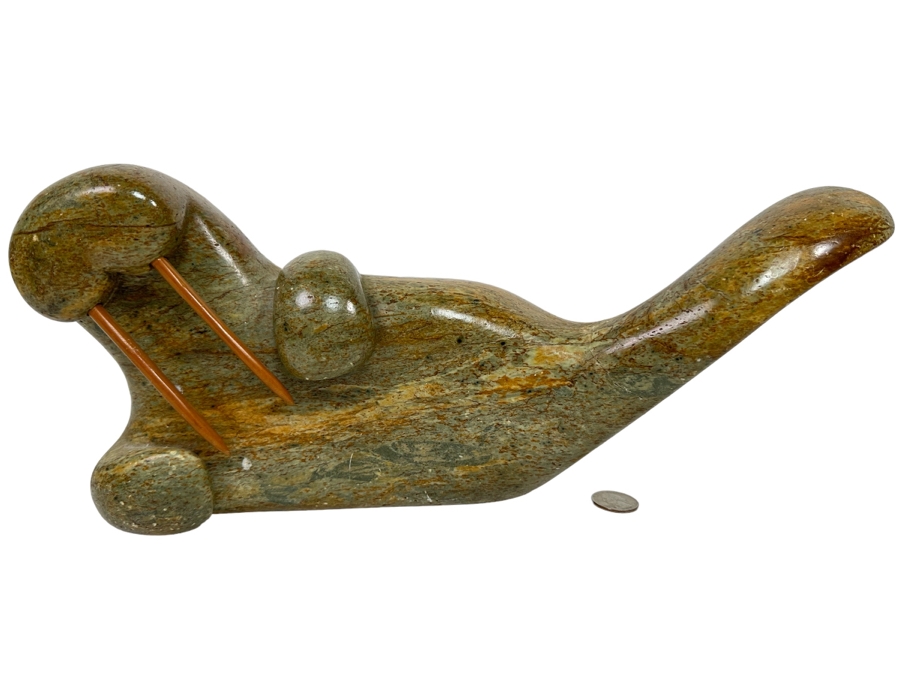 Hand Carved Stone Walrus Sculpture - Tail Has Been Repaired - See Photos 15W X 4D X 6.5H