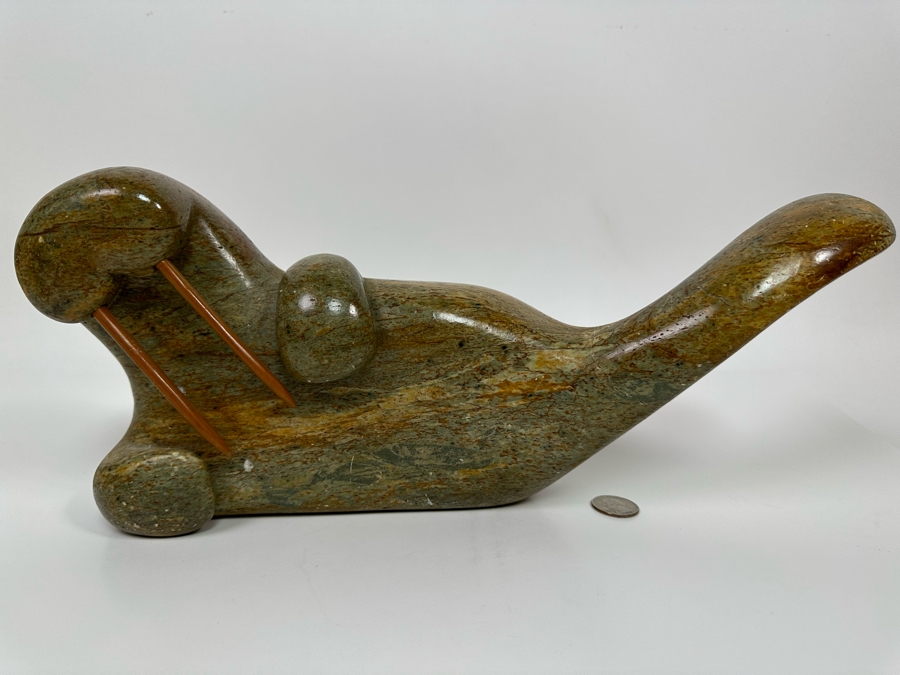 Hand Carved Stone Walrus Sculpture - Tail Has Been Repaired - See Photos 15W X 4D X 6.5H [Photo 3]