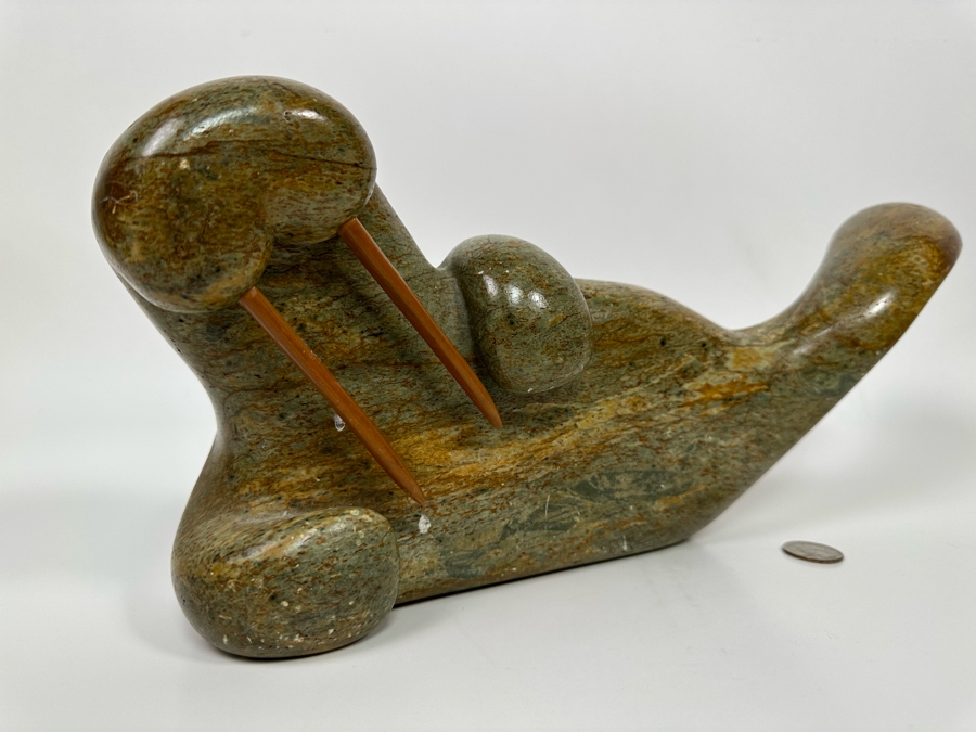 Hand Carved Stone Walrus Sculpture - Tail Has Been Repaired - See Photos 15W X 4D X 6.5H [Photo 5]