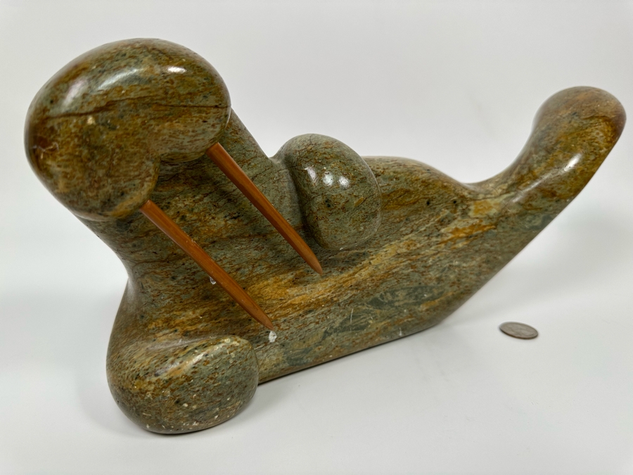 Hand Carved Stone Walrus Sculpture - Tail Has Been Repaired - See Photos 15W X 4D X 6.5H [Photo 4]