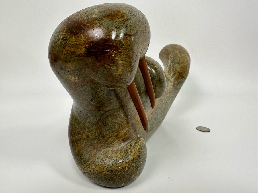 Hand Carved Stone Walrus Sculpture - Tail Has Been Repaired - See Photos 15W X 4D X 6.5H [Photo 6]