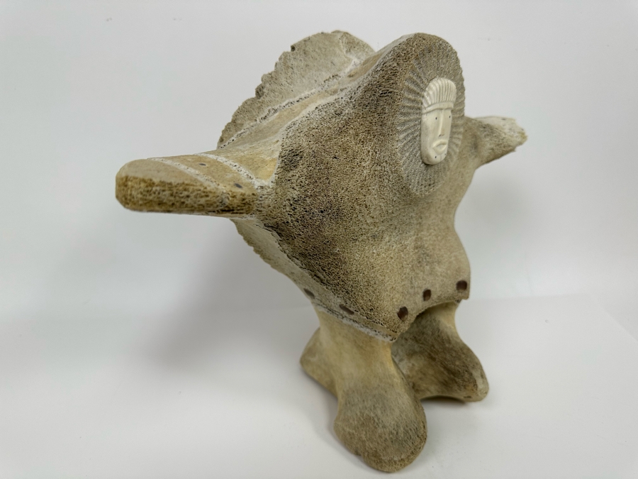 Double-Sided Hand Carved Inuit Whale Bone Vertebrae Sculpture Signed RK 16W X 6D X 11.25H [Photo 14]