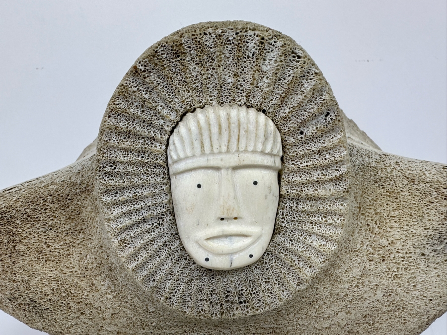 Double-Sided Hand Carved Inuit Whale Bone Vertebrae Sculpture Signed RK 16W X 6D X 11.25H [Photo 9]