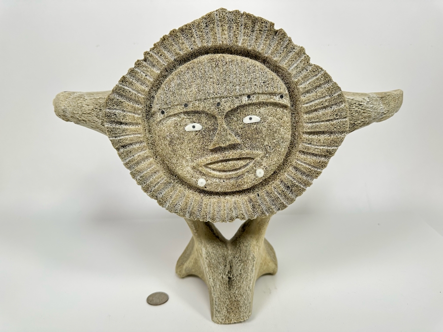 Double-Sided Hand Carved Inuit Whale Bone Vertebrae Sculpture Signed RK 16W X 6D X 11.25H [Photo 3]