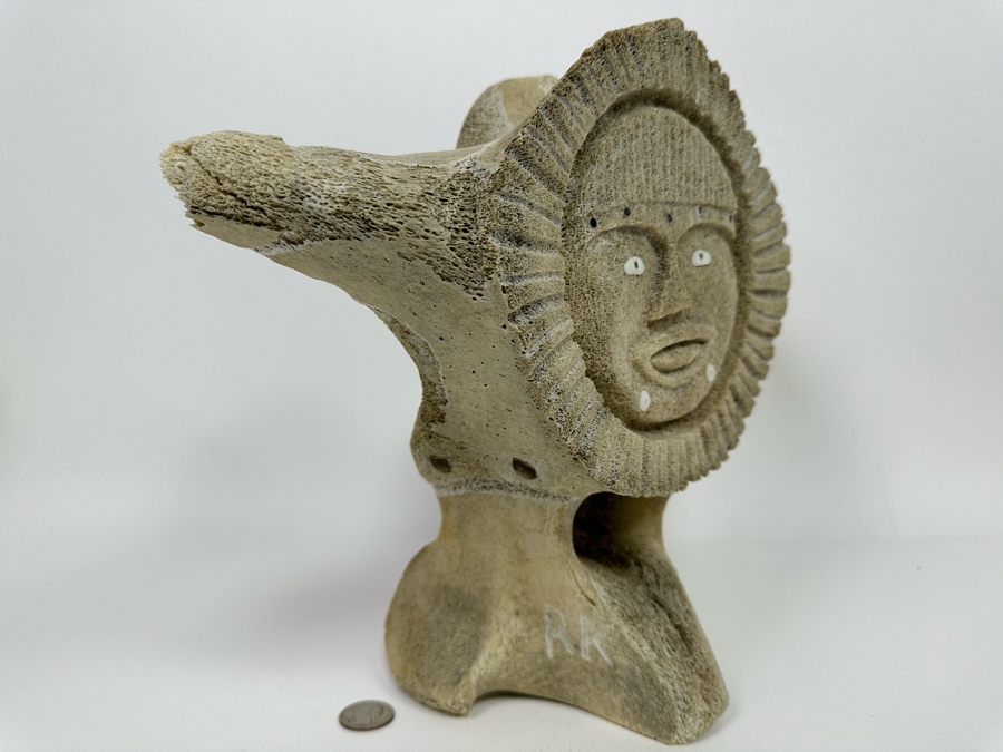 Double-Sided Hand Carved Inuit Whale Bone Vertebrae Sculpture Signed RK 16W X 6D X 11.25H [Photo 7]