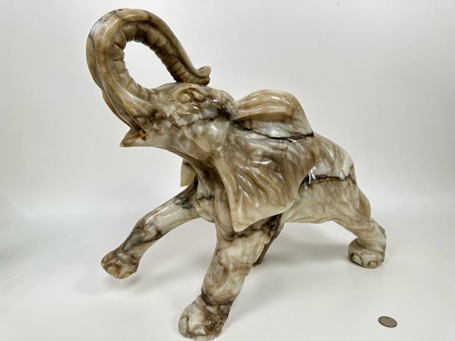 Large Hand Carved Stone Elephant With Trunk Raised Sculpture, Heavy 21W X 9D X 16H [Photo 14]