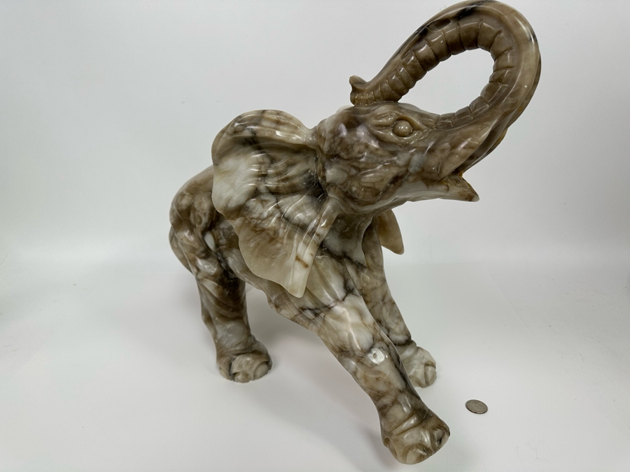 Large Hand Carved Stone Elephant With Trunk Raised Sculpture, Heavy 21W X 9D X 16H [Photo 7]