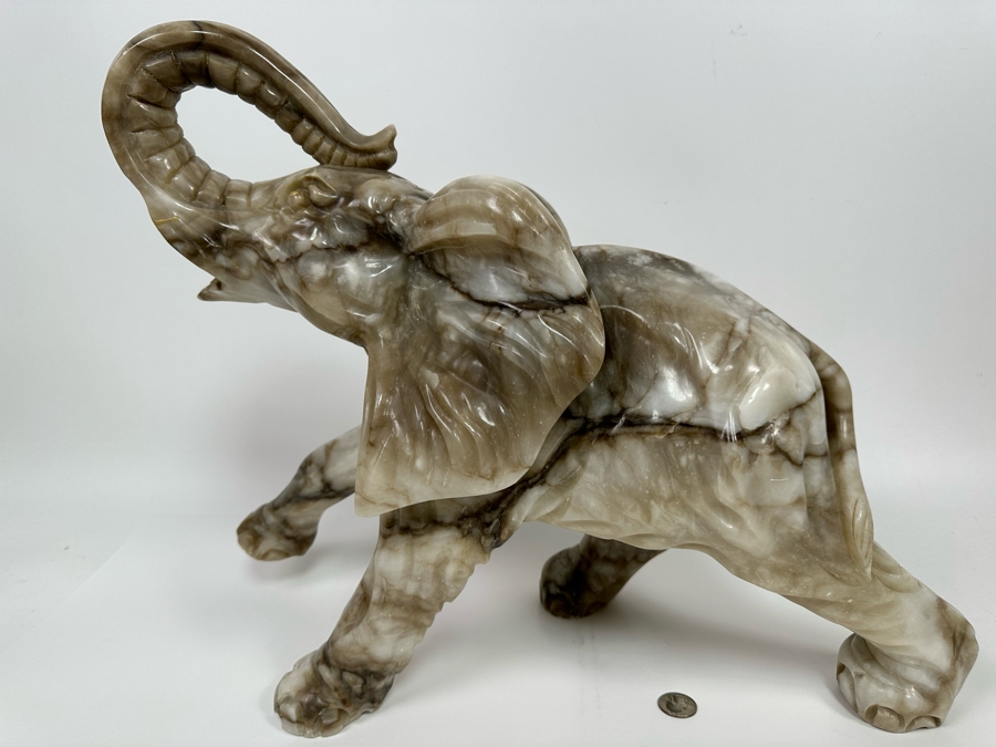 Large Hand Carved Stone Elephant With Trunk Raised Sculpture, Heavy 21W X 9D X 16H [Photo 15]