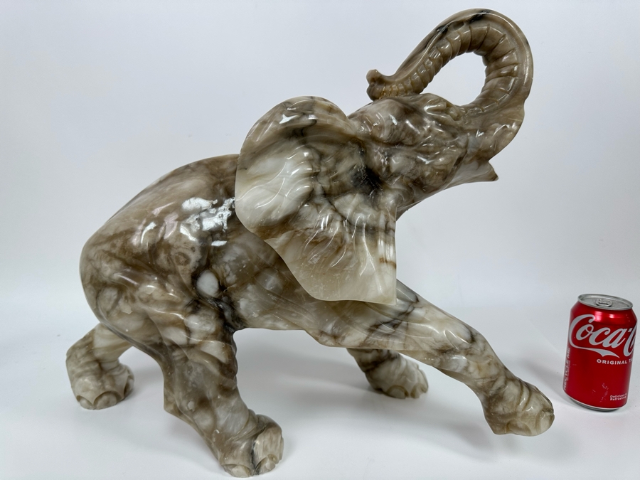 Large Hand Carved Stone Elephant With Trunk Raised Sculpture, Heavy 21W X 9D X 16H [Photo 3]