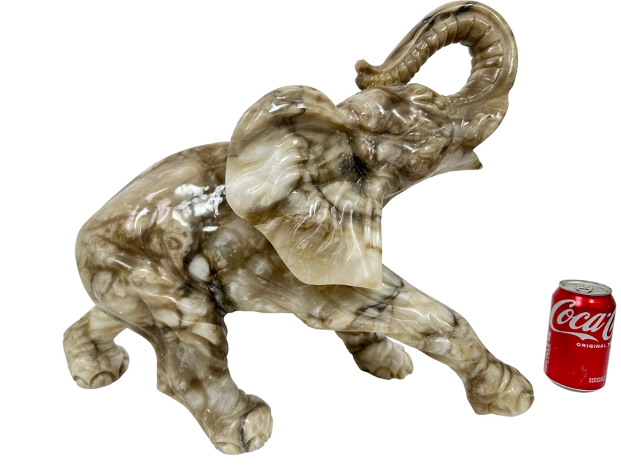 Large Hand Carved Stone Elephant With Trunk Raised Sculpture, Heavy 21W X 9D X 16H [Photo 1]