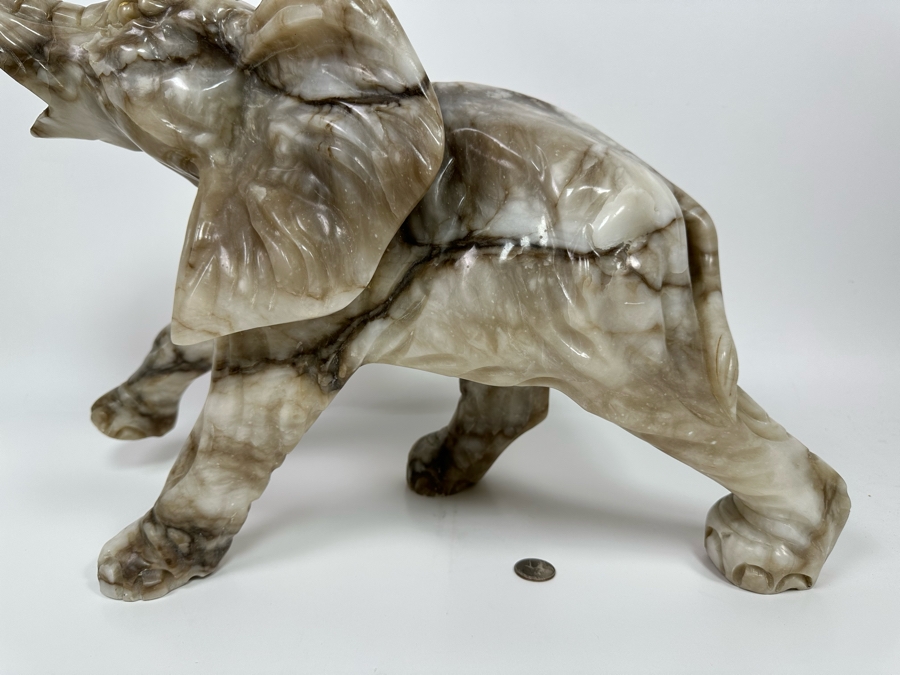 Large Hand Carved Stone Elephant With Trunk Raised Sculpture, Heavy 21W X 9D X 16H [Photo 18]