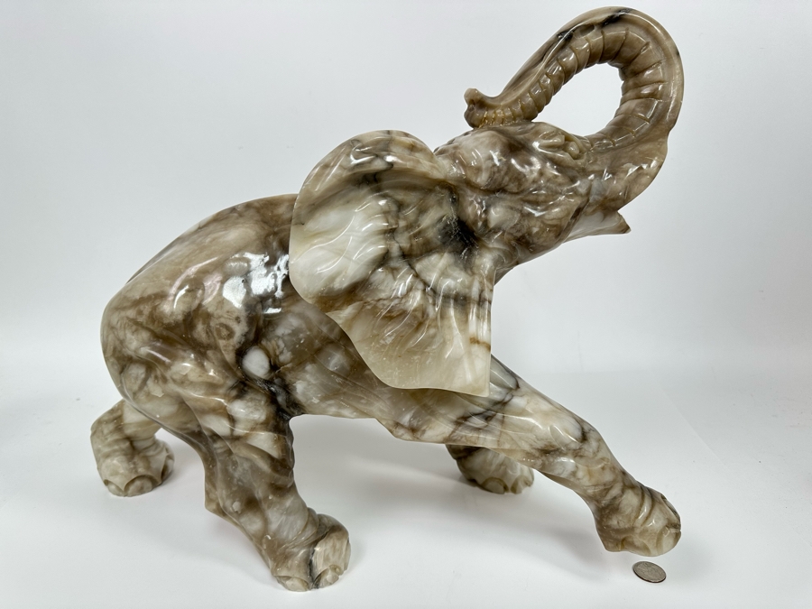 Large Hand Carved Stone Elephant With Trunk Raised Sculpture, Heavy 21W X 9D X 16H [Photo 6]