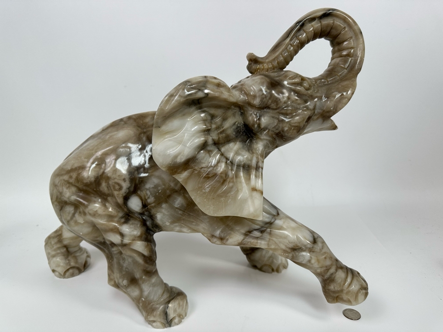 Large Hand Carved Stone Elephant With Trunk Raised Sculpture, Heavy 21W X 9D X 16H [Photo 5]