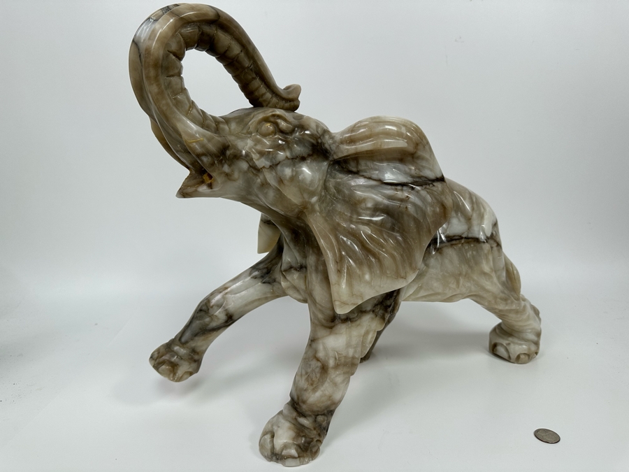 Large Hand Carved Stone Elephant With Trunk Raised Sculpture, Heavy 21W X 9D X 16H [Photo 13]