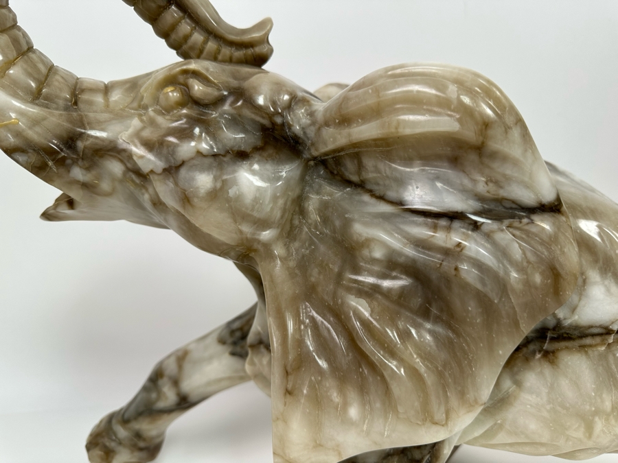 Large Hand Carved Stone Elephant With Trunk Raised Sculpture, Heavy 21W X 9D X 16H [Photo 17]