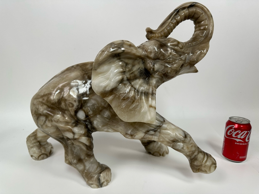 Large Hand Carved Stone Elephant With Trunk Raised Sculpture, Heavy 21W X 9D X 16H [Photo 4]