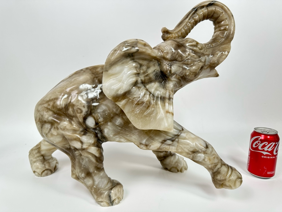 Large Hand Carved Stone Elephant With Trunk Raised Sculpture, Heavy 21W X 9D X 16H [Photo 2]