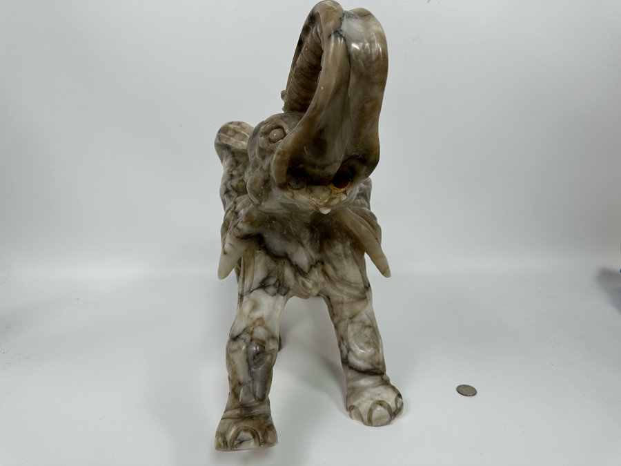 Large Hand Carved Stone Elephant With Trunk Raised Sculpture, Heavy 21W X 9D X 16H [Photo 11]
