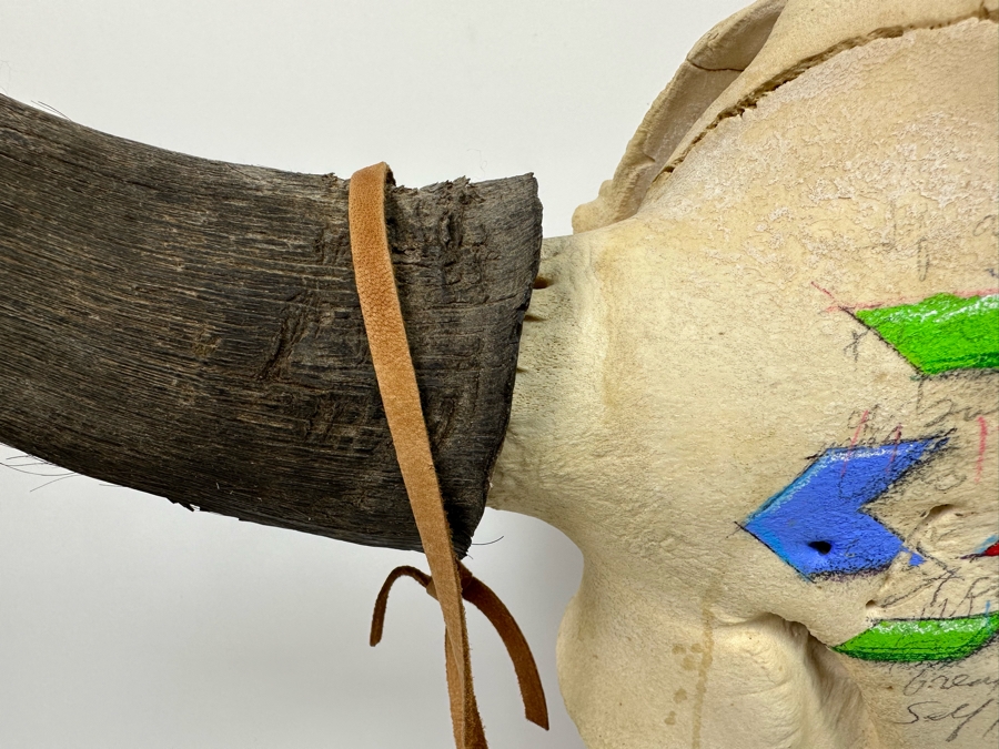 Tim Yanke Hand Painted Cow Skull Sculpture Signed By The Artist With Granite Display Base 22.5W X 15D X 19H [Photo 7]