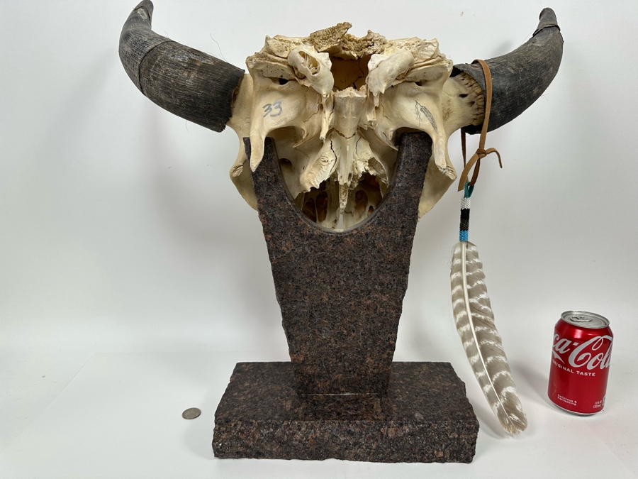 Tim Yanke Hand Painted Cow Skull Sculpture Signed By The Artist With Granite Display Base 22.5W X 15D X 19H [Photo 12]