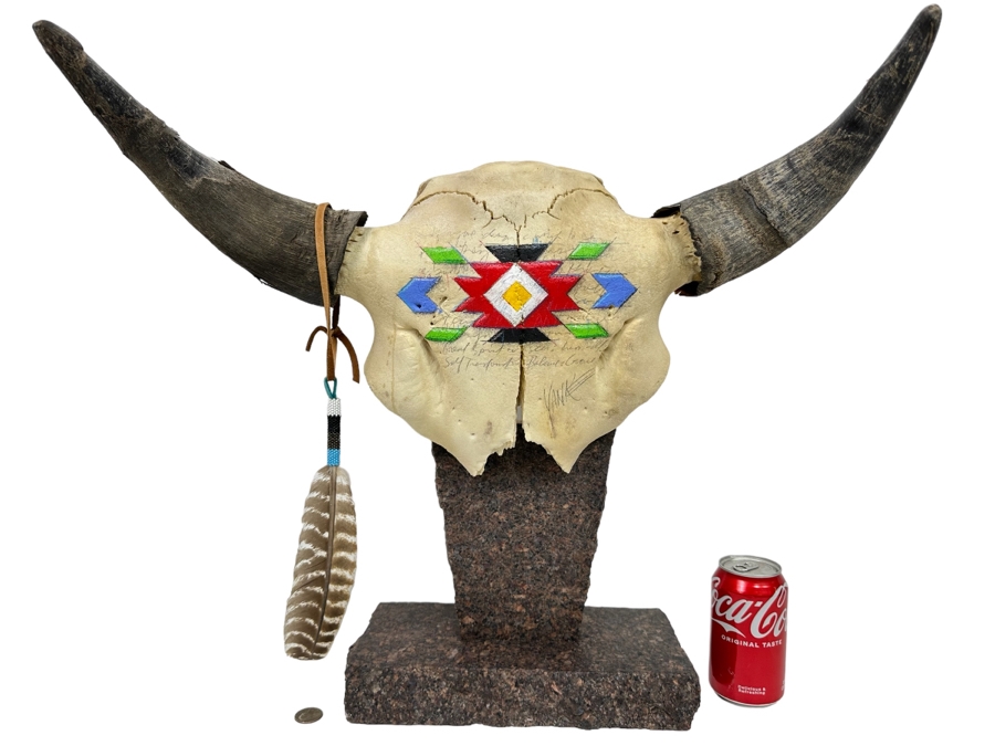Tim Yanke Hand Painted Cow Skull Sculpture Signed By The Artist With Granite Display Base 22.5W X 15D X 19H