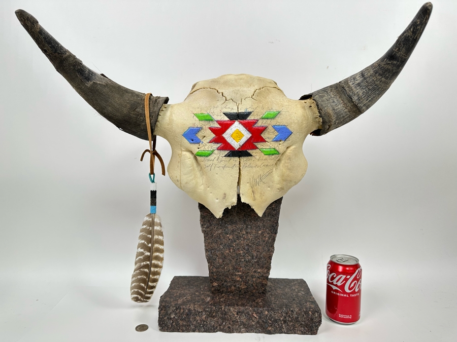 Tim Yanke Hand Painted Cow Skull Sculpture Signed By The Artist With Granite Display Base 22.5W X 15D X 19H [Photo 2]