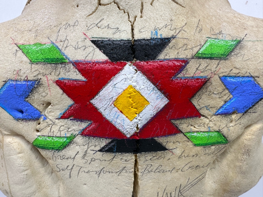 Tim Yanke Hand Painted Cow Skull Sculpture Signed By The Artist With Granite Display Base 22.5W X 15D X 19H [Photo 5]