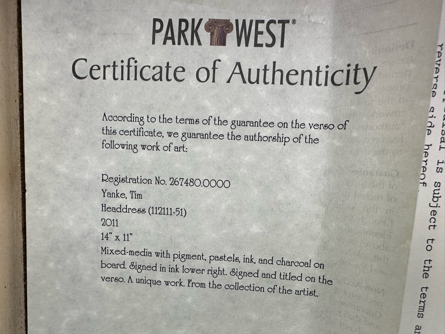 Tim Yanke Headdress 2011 Mixed-Media With Pigment, Pastels, Ink And Charcoal On Board Signed By Artist In Lower Right And Signed And Titled On The Back One-Of-A-Kind 11 X 14 Framed 19 X 22 Appraised At $2,800 [Photo 19]