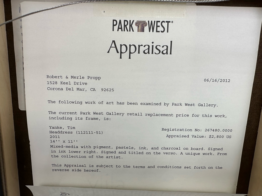 Tim Yanke Headdress 2011 Mixed-Media With Pigment, Pastels, Ink And Charcoal On Board Signed By Artist In Lower Right And Signed And Titled On The Back One-Of-A-Kind 11 X 14 Framed 19 X 22 Appraised At $2,800 [Photo 17]