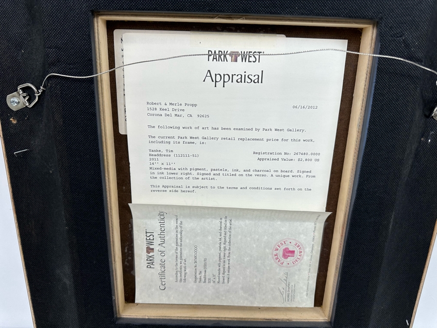 Tim Yanke Headdress 2011 Mixed-Media With Pigment, Pastels, Ink And Charcoal On Board Signed By Artist In Lower Right And Signed And Titled On The Back One-Of-A-Kind 11 X 14 Framed 19 X 22 Appraised At $2,800 [Photo 16]