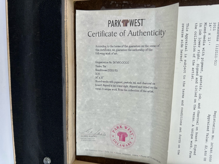Tim Yanke Headdress 2011 Mixed-Media With Pigment, Pastels, Ink And Charcoal On Board Signed By Artist In Lower Right And Signed And Titled On The Back One-Of-A-Kind 11 X 14 Framed 19 X 22 Appraised At $2,800 [Photo 18]