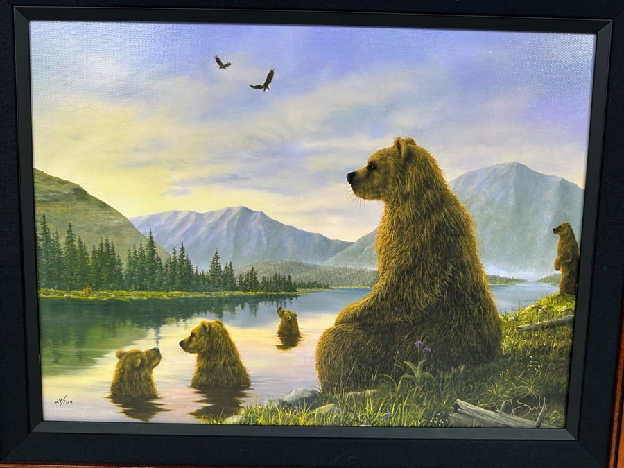 Robert Bissell Canvas Print Hand Signed Limited Edition 24 Of 100 Titled The Bathers Bears 19 X 14 Framed 26 X 21.5 [Photo 4]