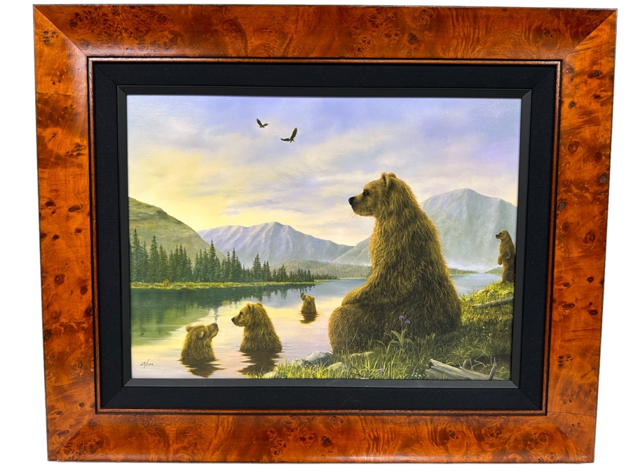 Robert Bissell Canvas Print Hand Signed Limited Edition 24 Of 100 Titled The Bathers Bears 19 X 14 Framed 26 X 21.5